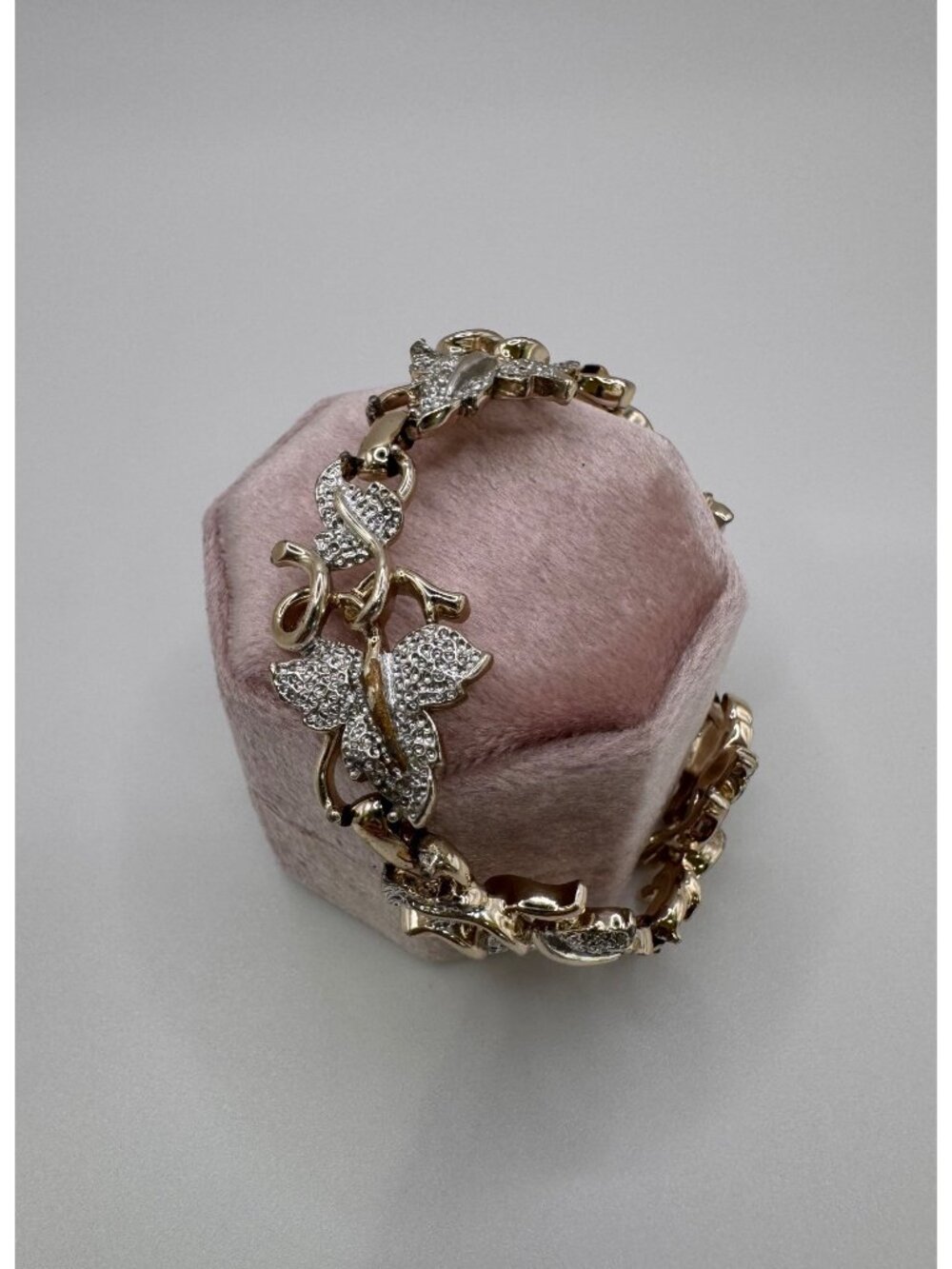 Signed Sarah Coventry Leaf Bracelet Gold Tone Silver Accent Rhinestone